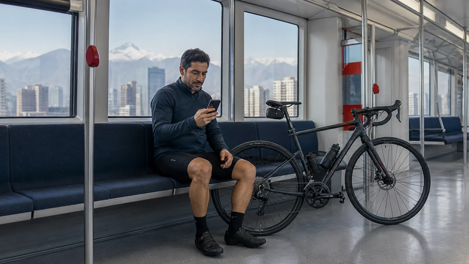 Ciclista chileno adulto consulta su teléfono durante un viaje en tren