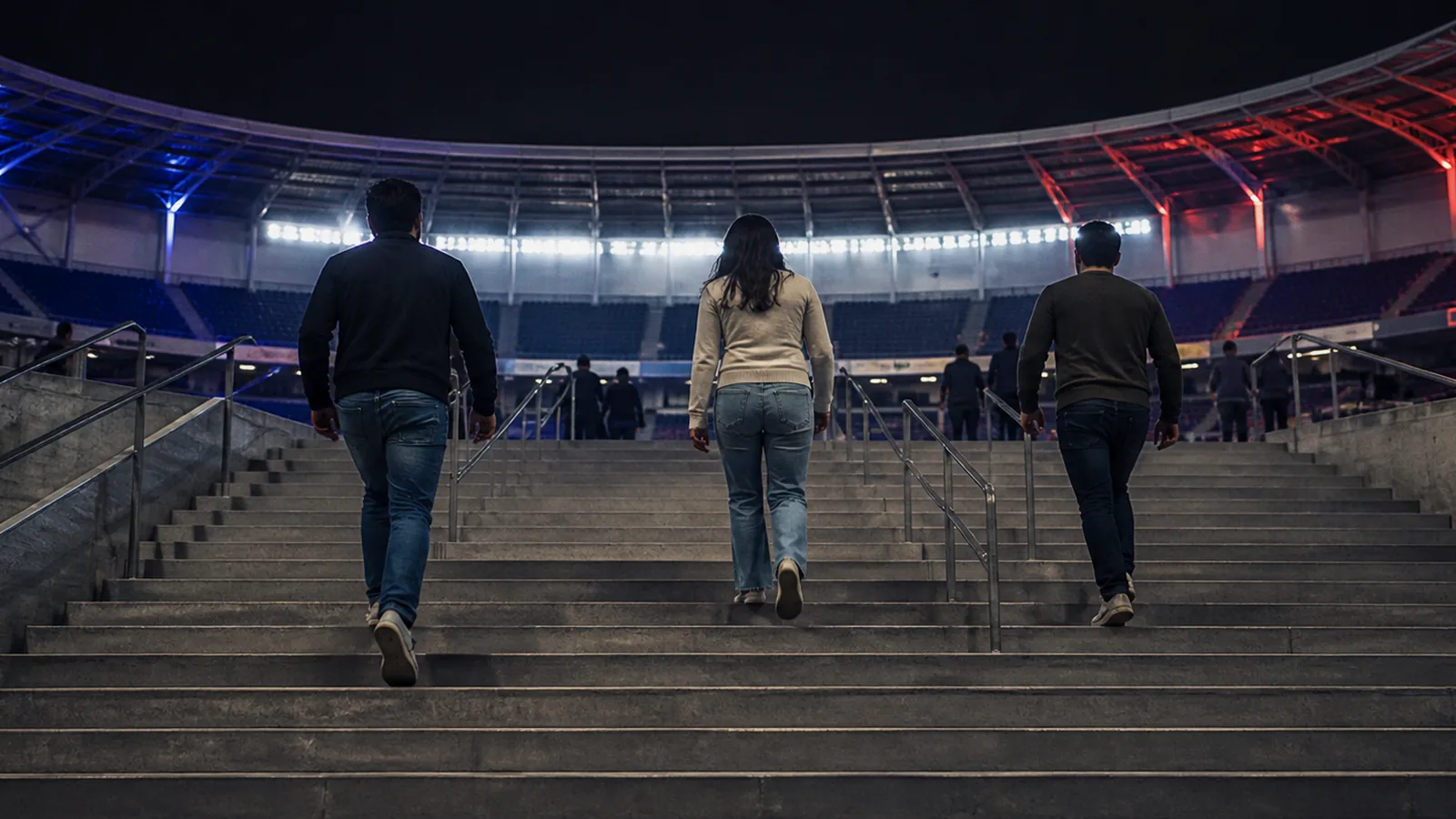 Hinchas chilenos adultos avanzan por las gradas de un estadio